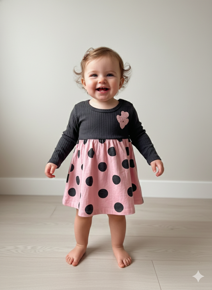 Pink & Grey -Baby full sleeve frock