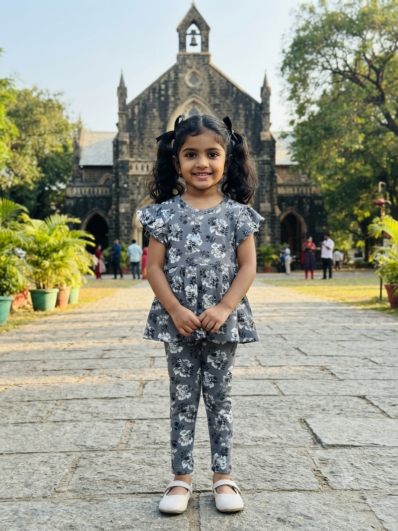 Cement grey with the white flower, peplum co - ord girls set Sep