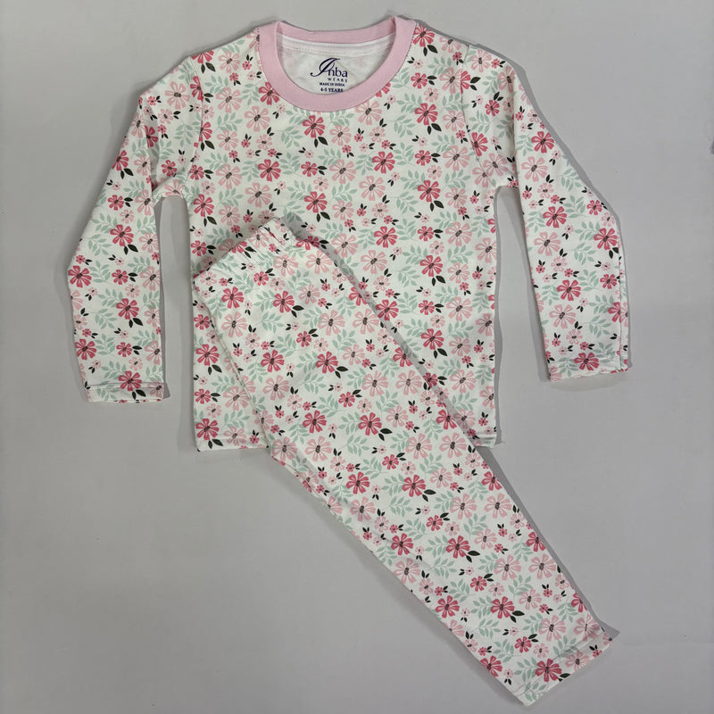 White with flowers Premium loop net IN-024-LoopKnit Pajama sets