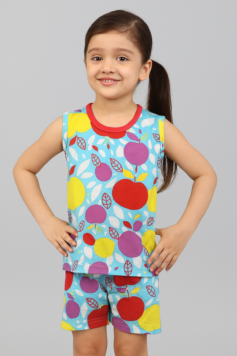 Blue with apple- Sleeveless co-ords