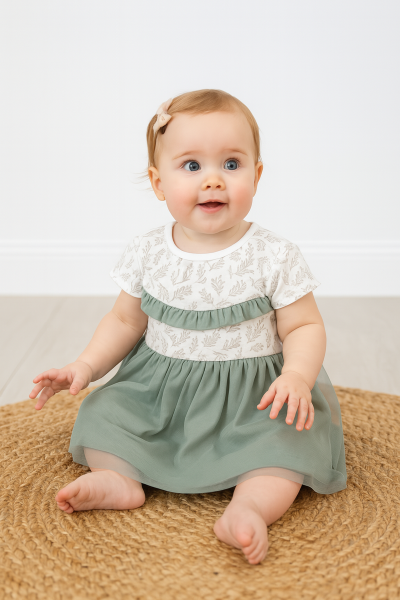 White with Green Net Frock - Girls Frock