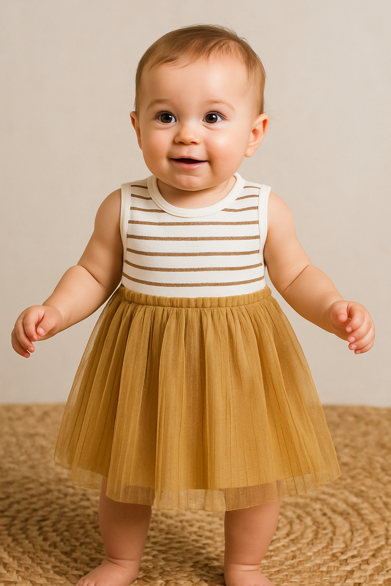 White with biscuit Net Frock - Girls Frock