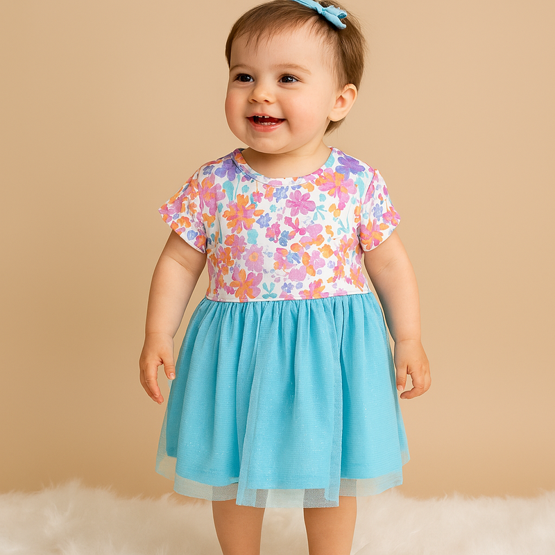 Sky blue with Floral Frock - Girls Frock
