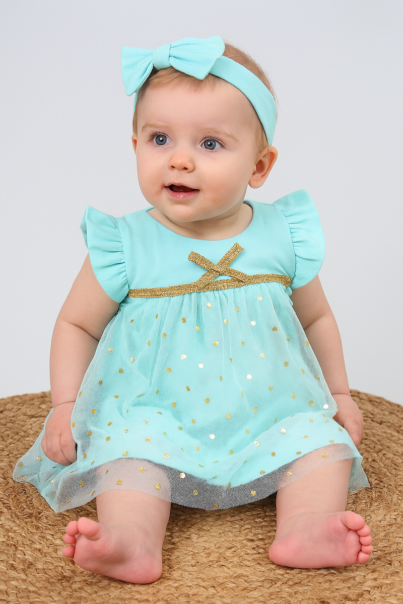 Pista Green Net Frock - Girls Frock