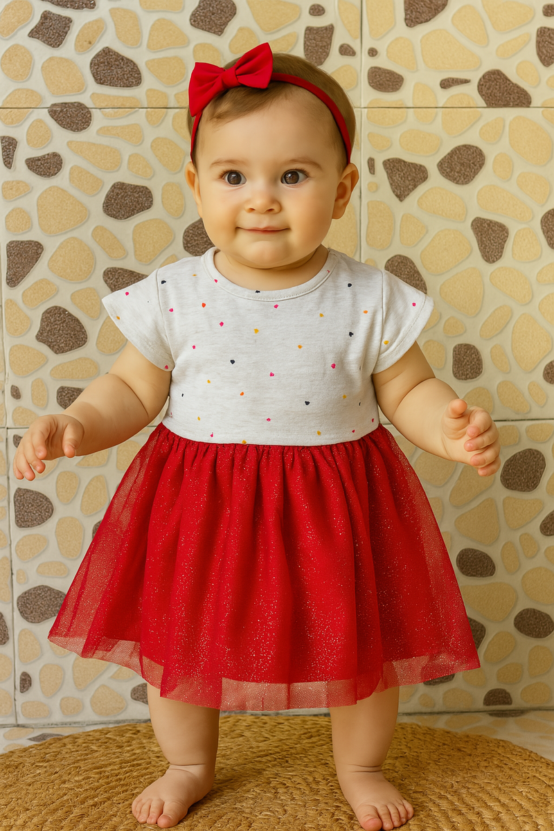 Red with golden stars net Frock - Girls Frock