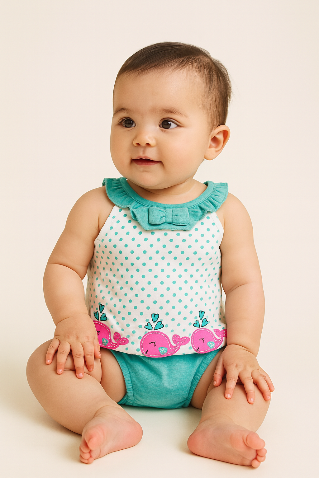 Pink Whales in Green Onesie frock