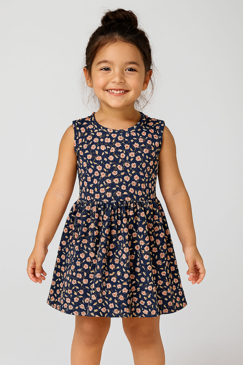 Blue Ribe Flowers - Girls Sleeveless Frock