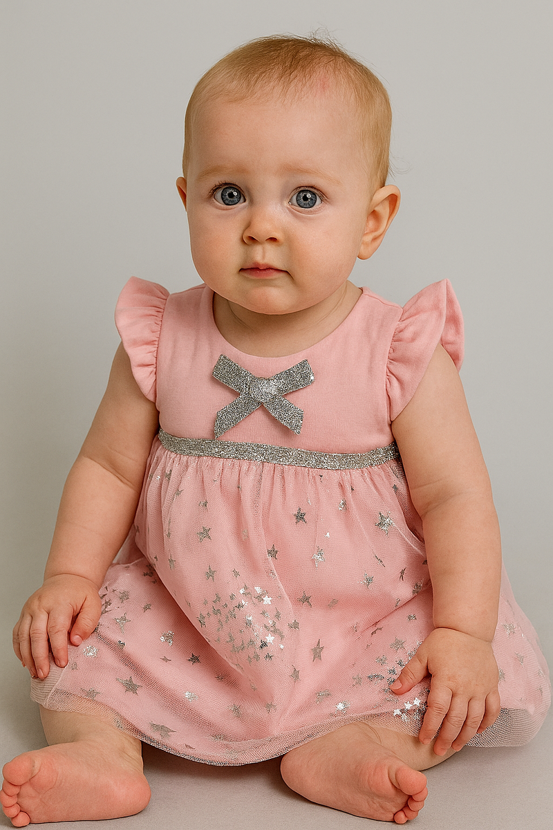 Pink Star Net Frock - Girls Frock