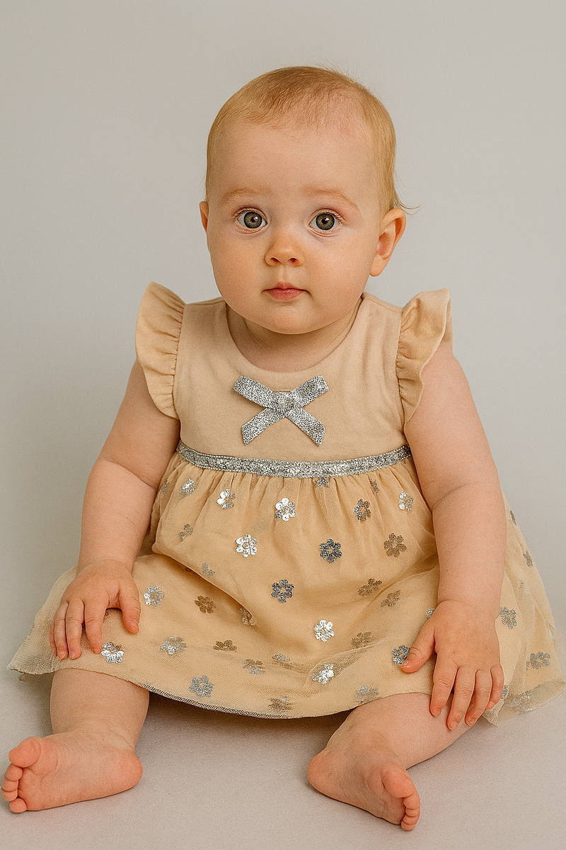 Gold with silver Flower net Frock - Girls Frock