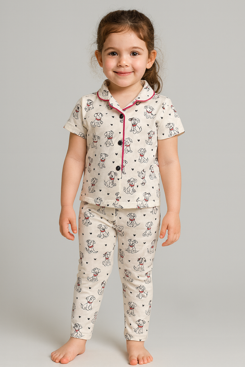 Off White with kitty Collar Night Suit ,Sep:::005