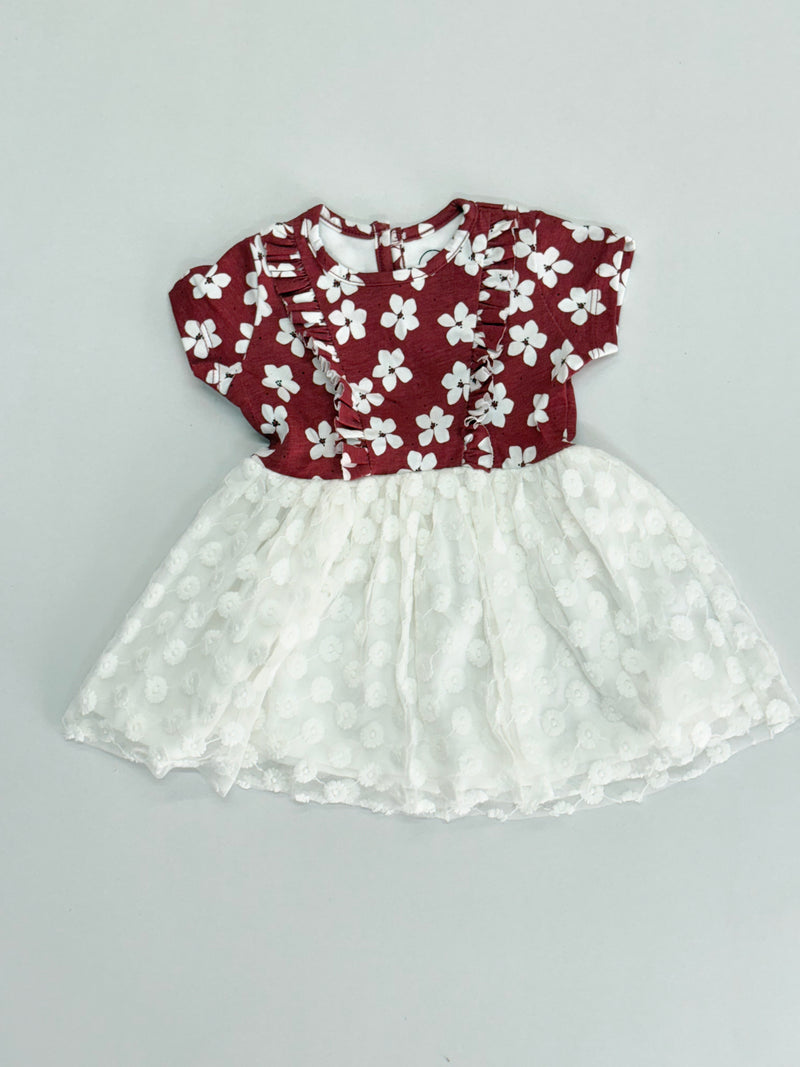 Merun with white flowers - Girls net Frock