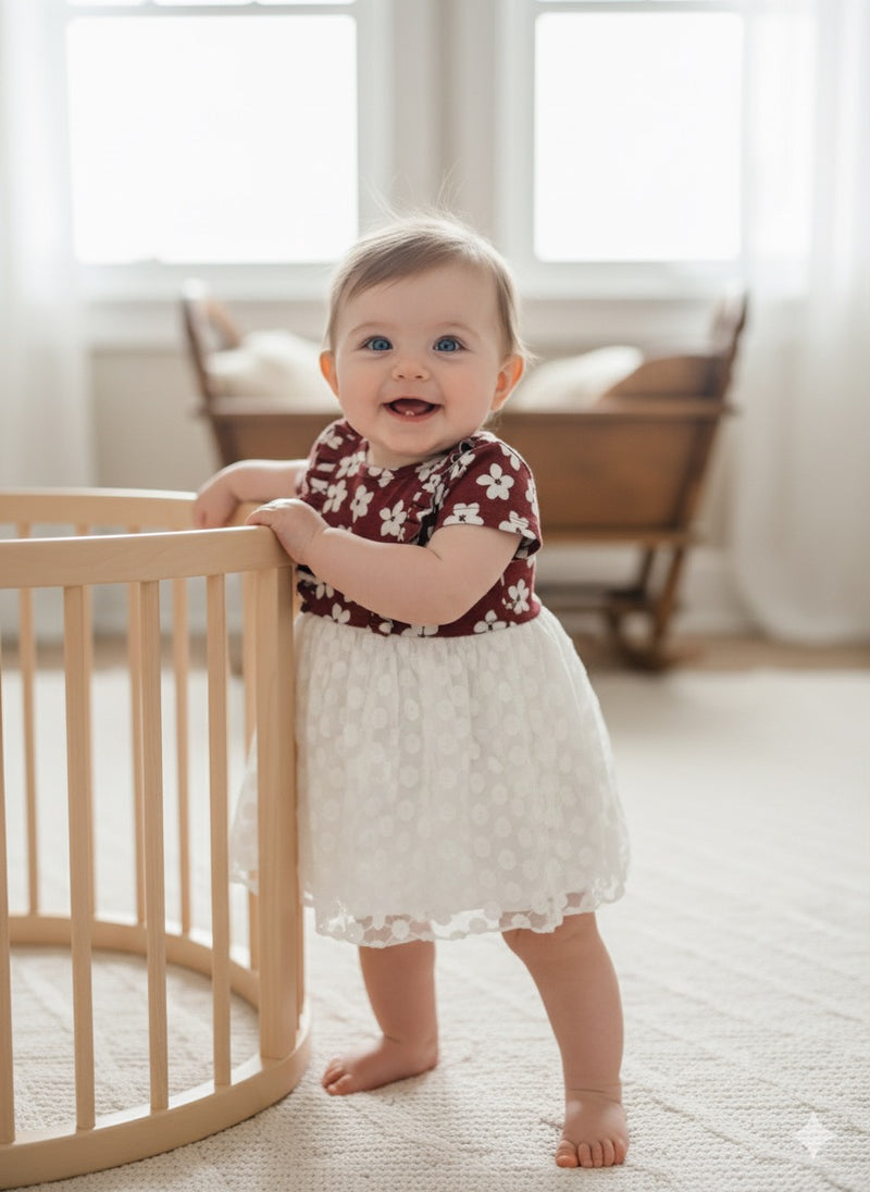 Merun with white flowers - Girls net Frock