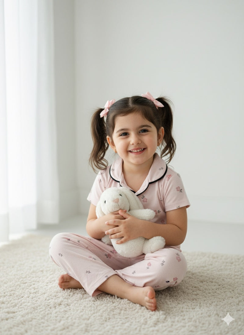 Baby pink with flowers - Kids Collar Night Suit