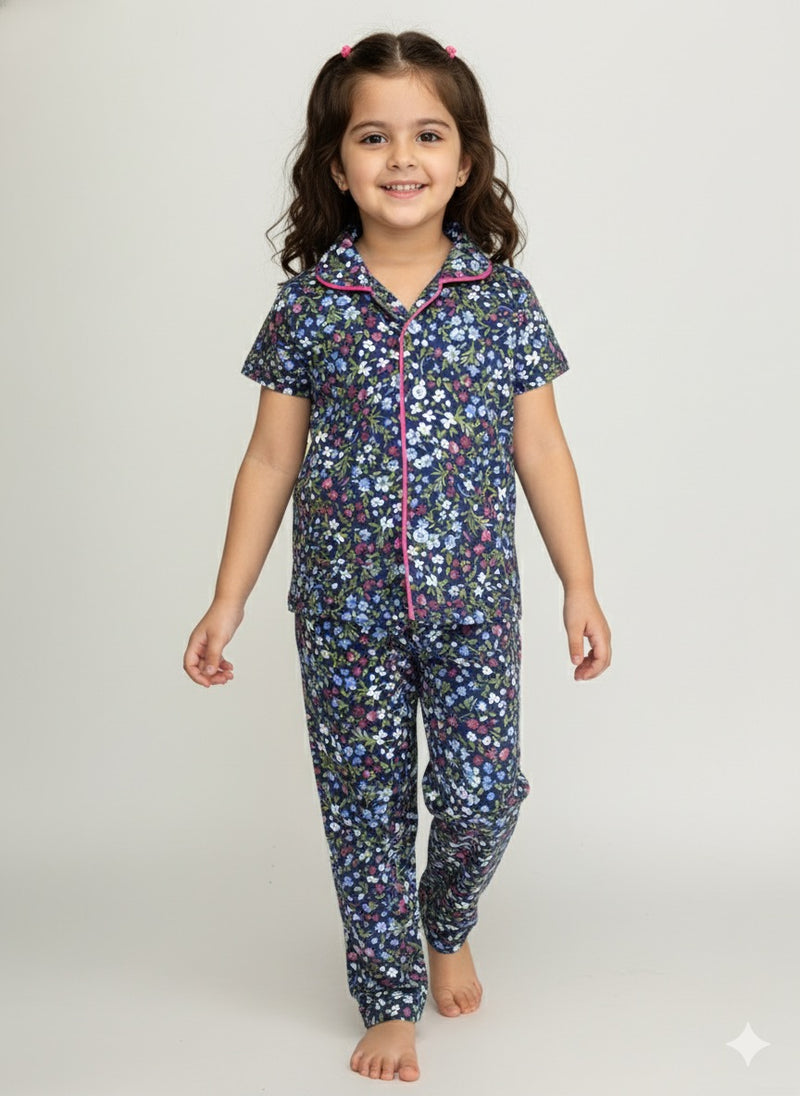 Blue with flowers IN-08-Kids Collar Night Suit IN