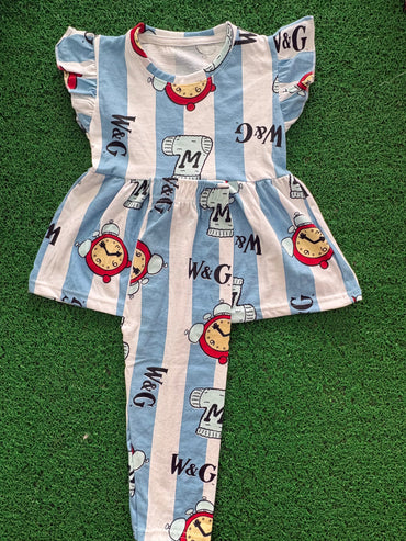 Sky Blue & white clock ⏱️ peplum co- ord girls set