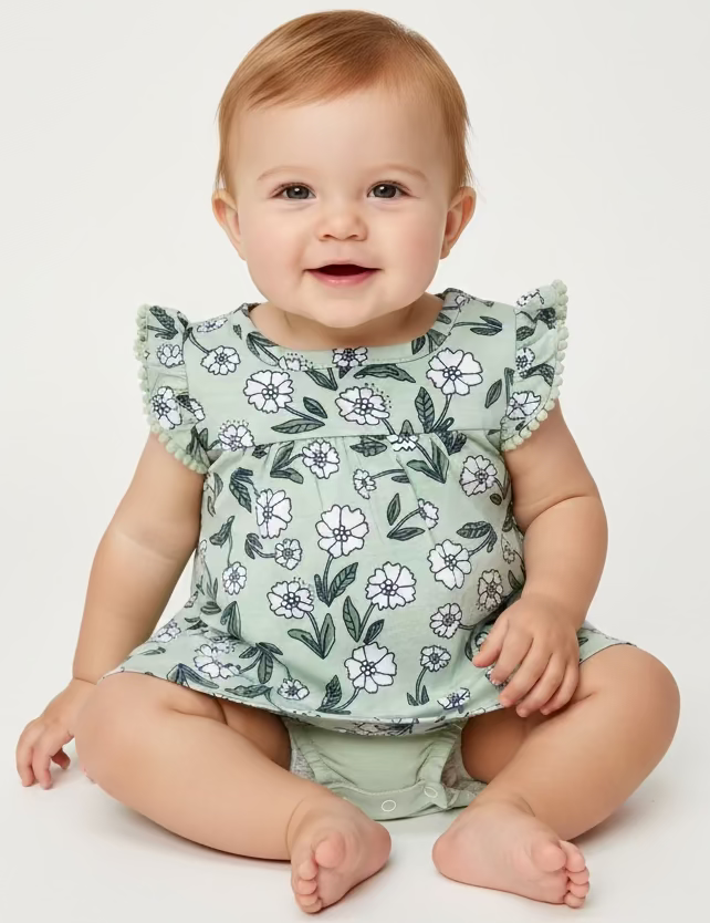 Pista green floral Onesies frock