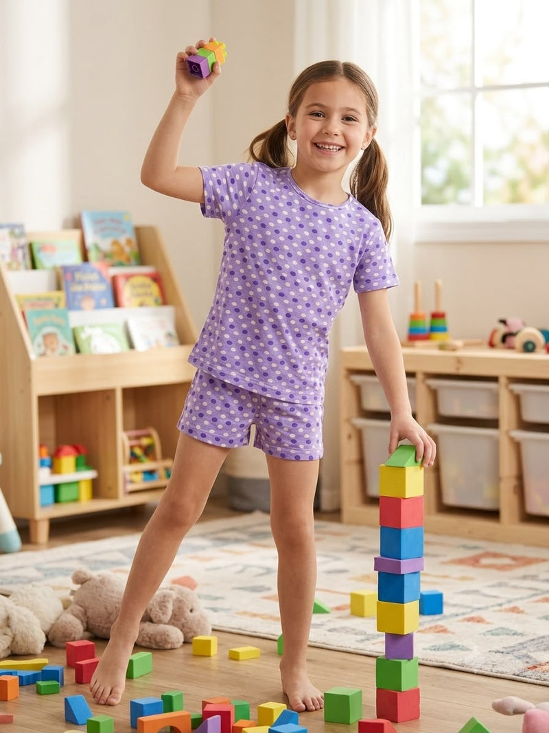Violet with white dots -Kids half Sleeve shorts Set