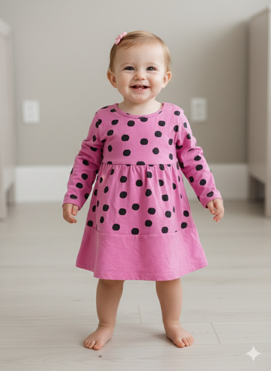 Pink with black dots- full sleeve Frock