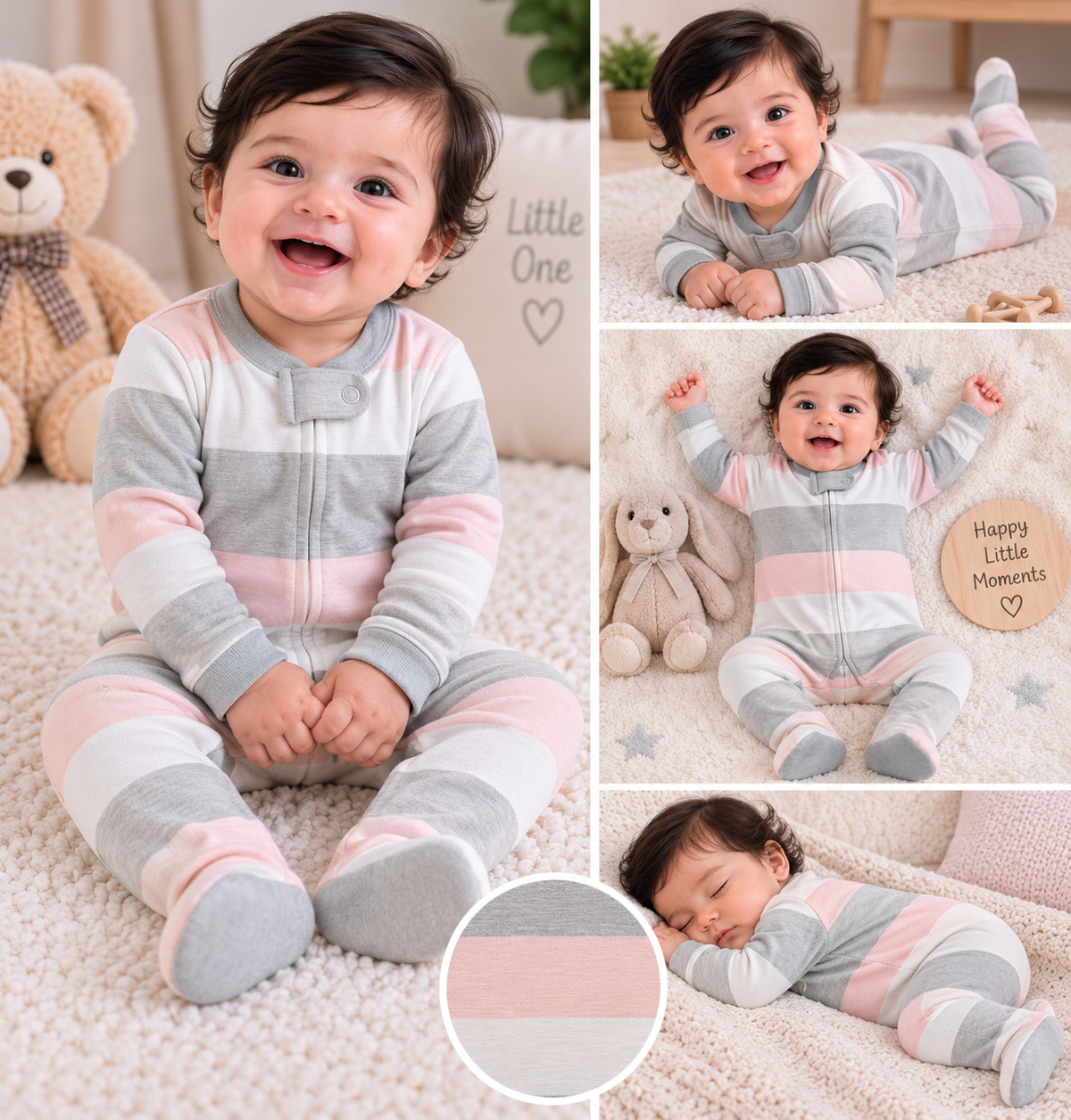 Grey, Blush Pink & Cream — horizontal striped pattern.