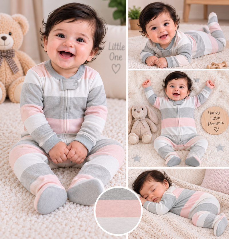 Grey, Blush Pink & Cream — horizontal striped pattern.
