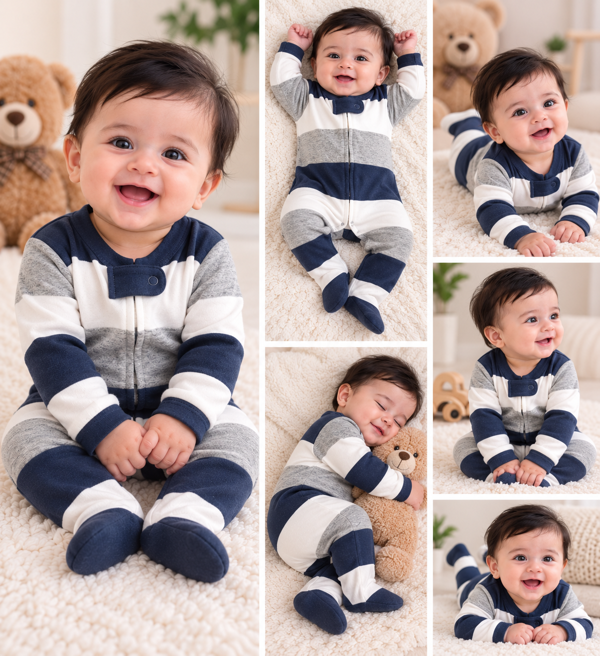 Navy Blue & Grey Striped Footed Baby Jumsuit