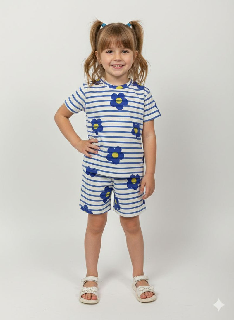 White stripe with Blue-Half sleeve Shorts Set