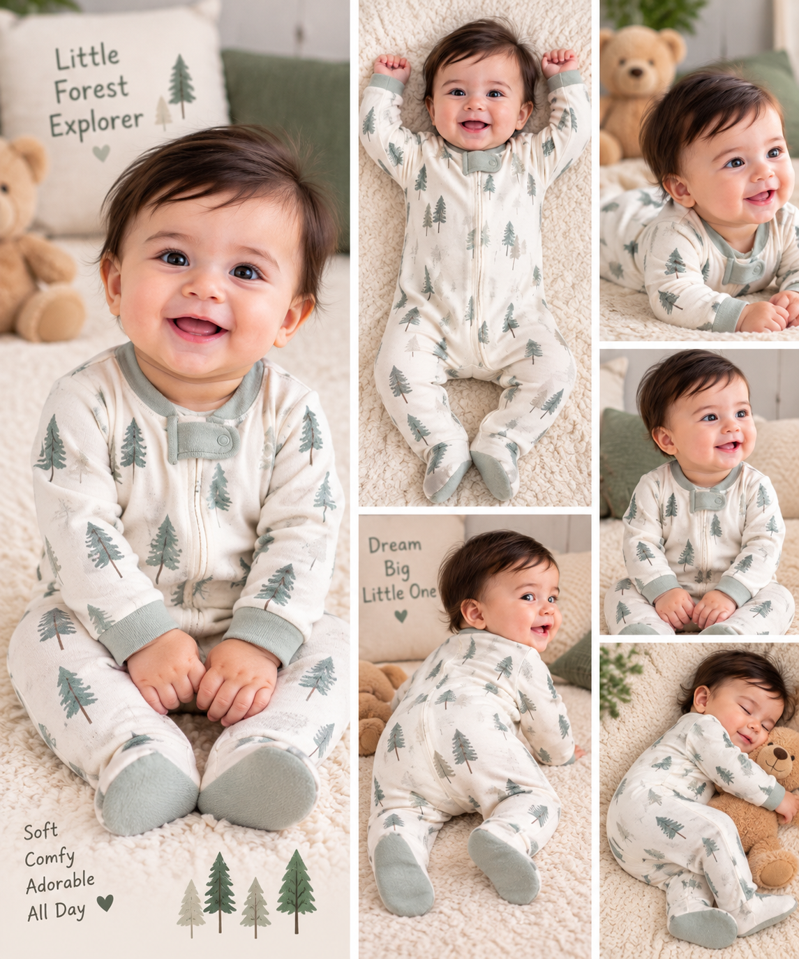 Little Forest Sage Tree Print Baby Romper 🌿🤍