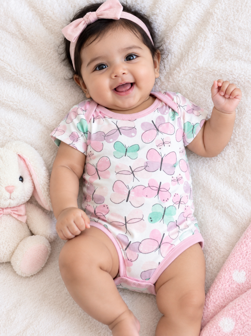 White base blush pink butterflies baby romper