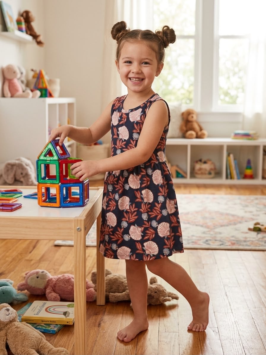 Navy with flower-sleeveless frock