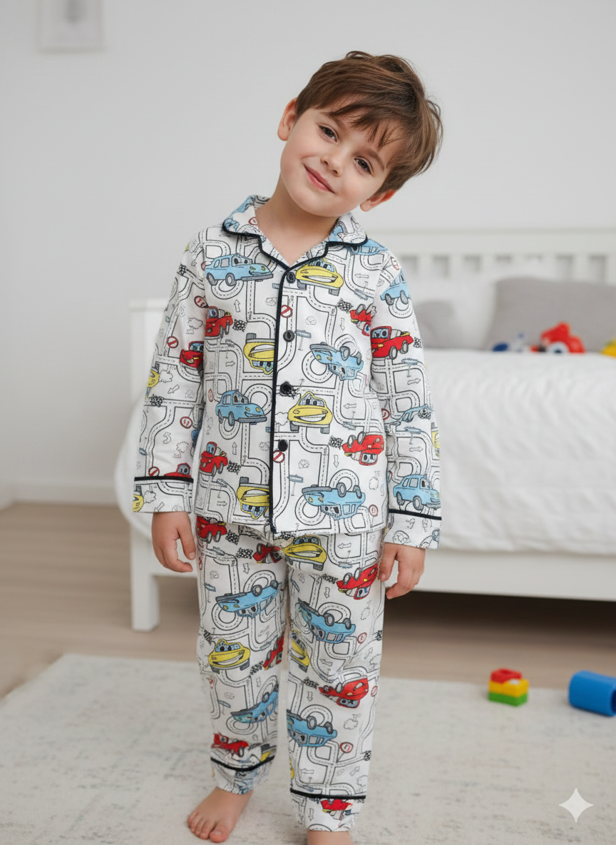Kids Collar Night Suit - White with cars