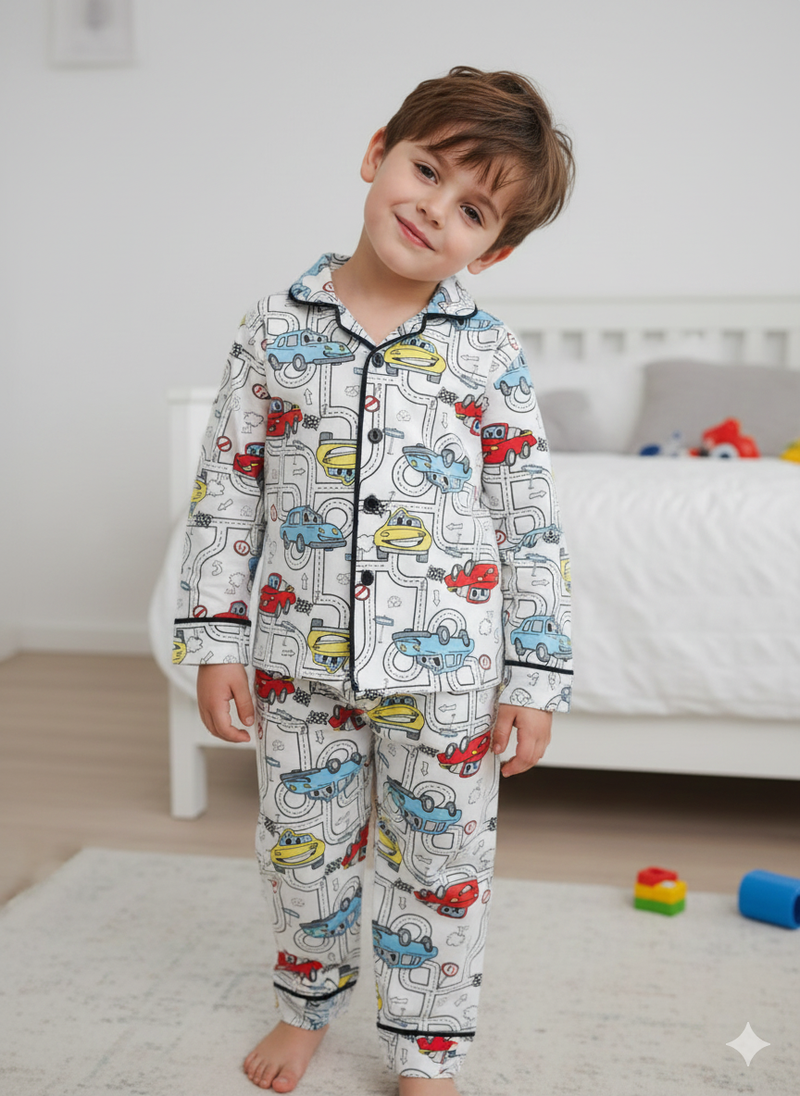 Kids Collar Night Suit - White with cars