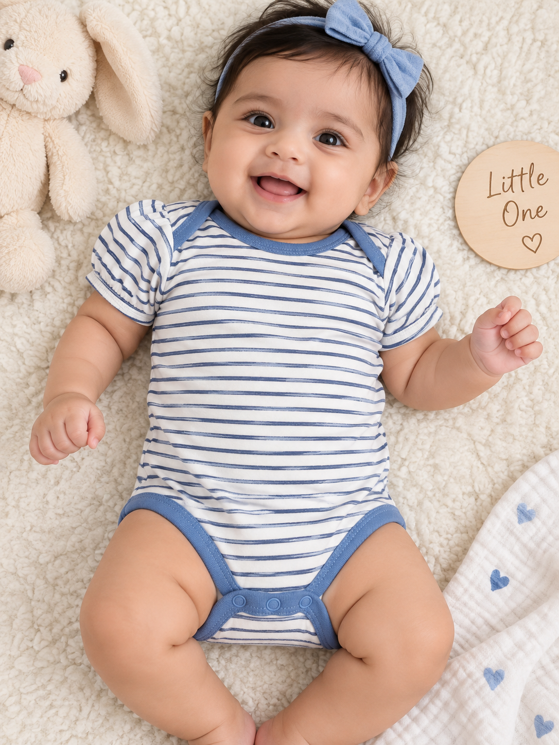 white with navy-blue stripes and light blue baby romper