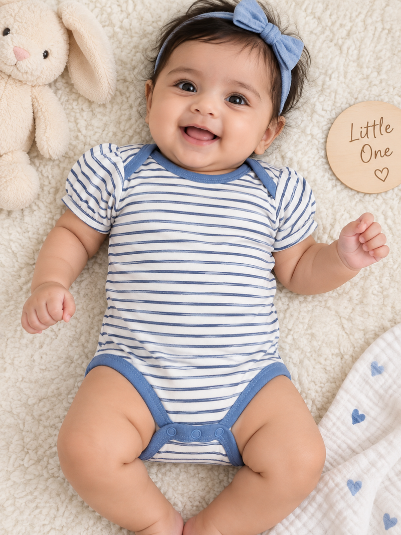 white with navy-blue stripes and light blue baby romper