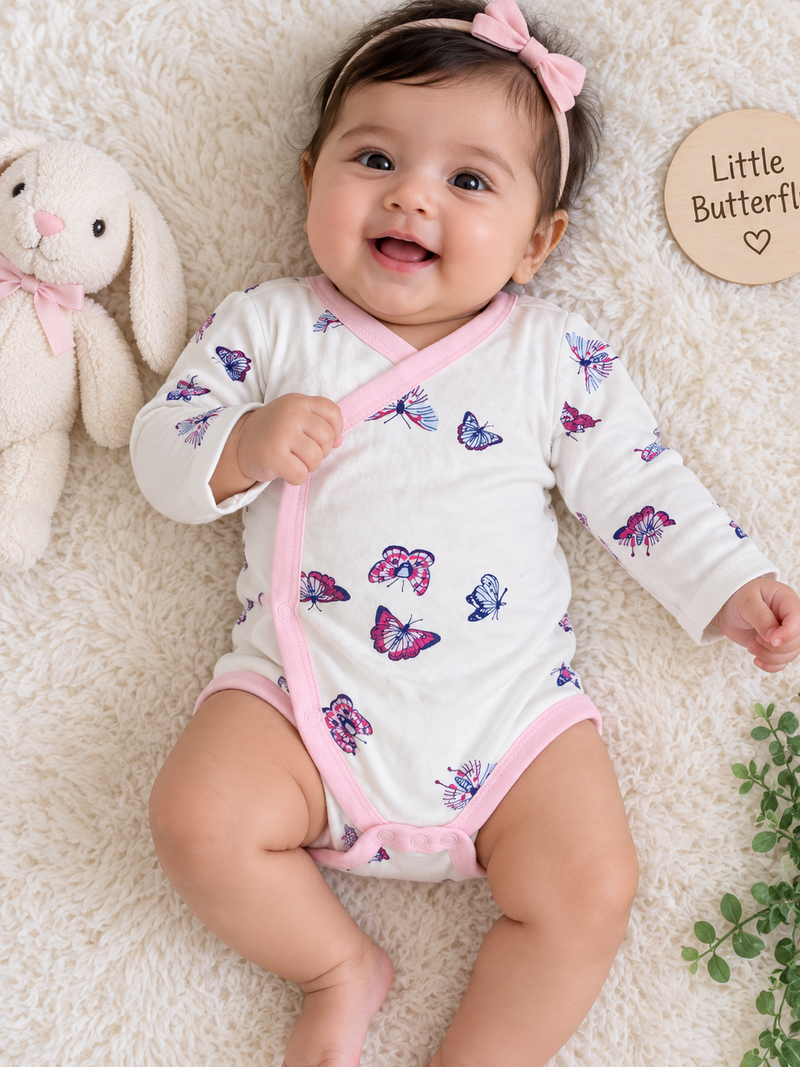 Soft white Butterflies pink baby romper