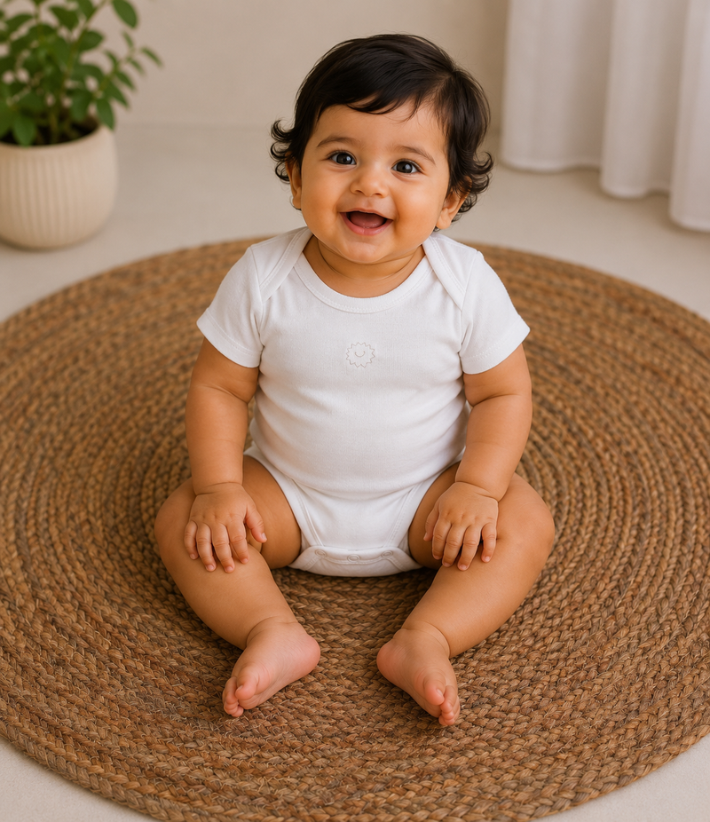 Half white sun logo half sleeves Baby romper