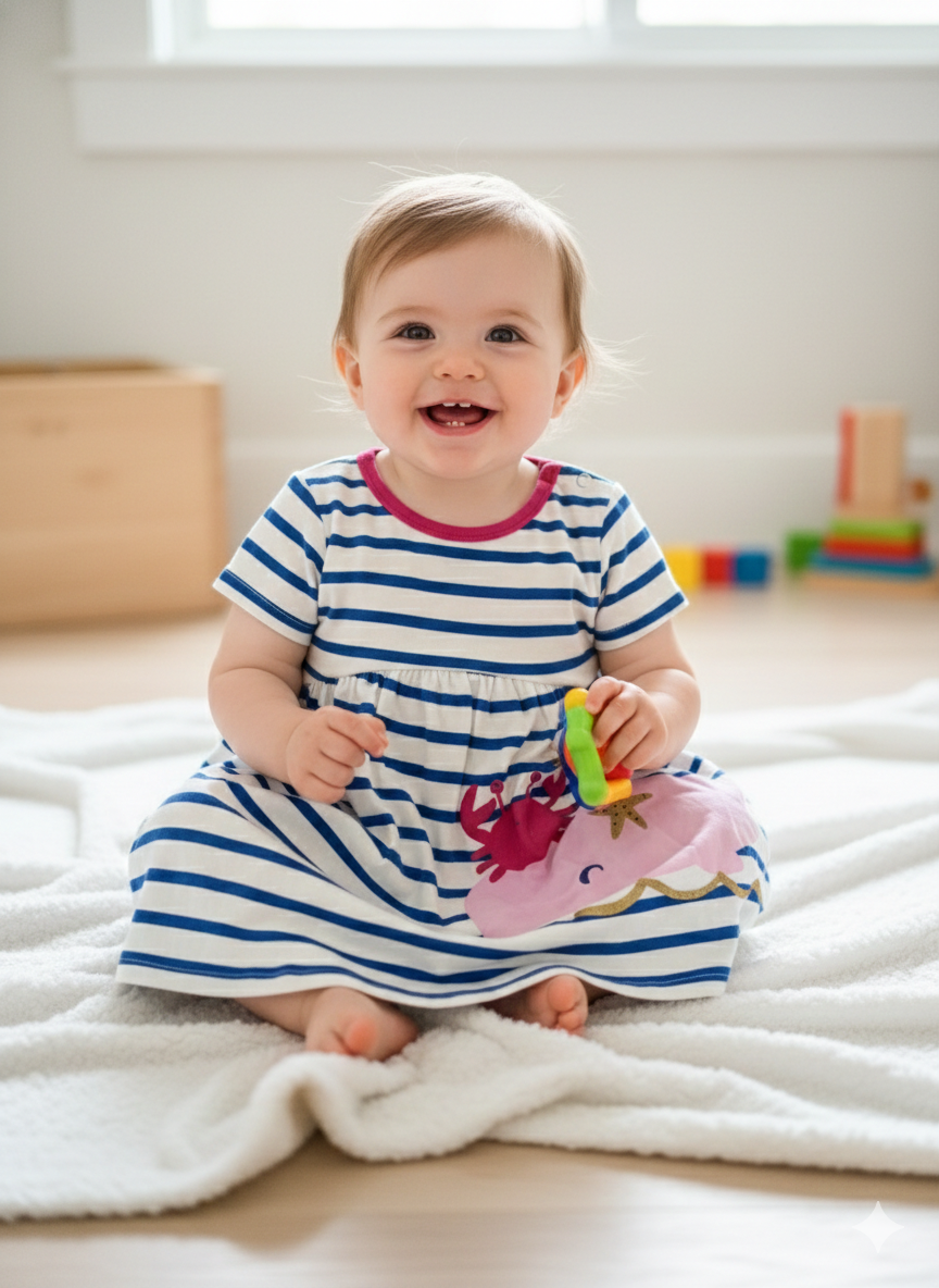 White & blue line crab image- Frock