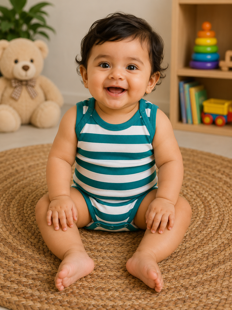 White green line half sleeves Baby romper