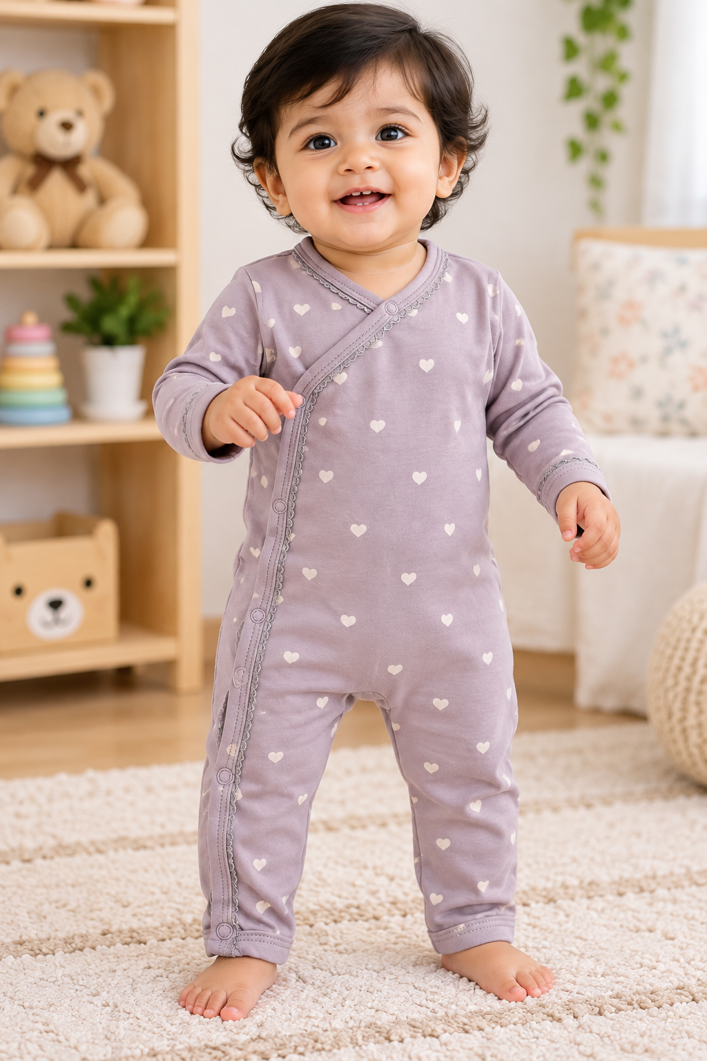 Light purple 🟣hearts  Baby High quality jumpsuit ( snap button)