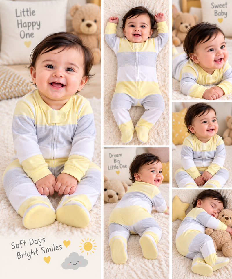 Sunshine Stripe Footed Baby Romper ☀️💛
Color: Pastel Yellow, Light Grey & White 💛🩶🤍

Product Title: Cozy Sunshine Striped Baby Romper ✨