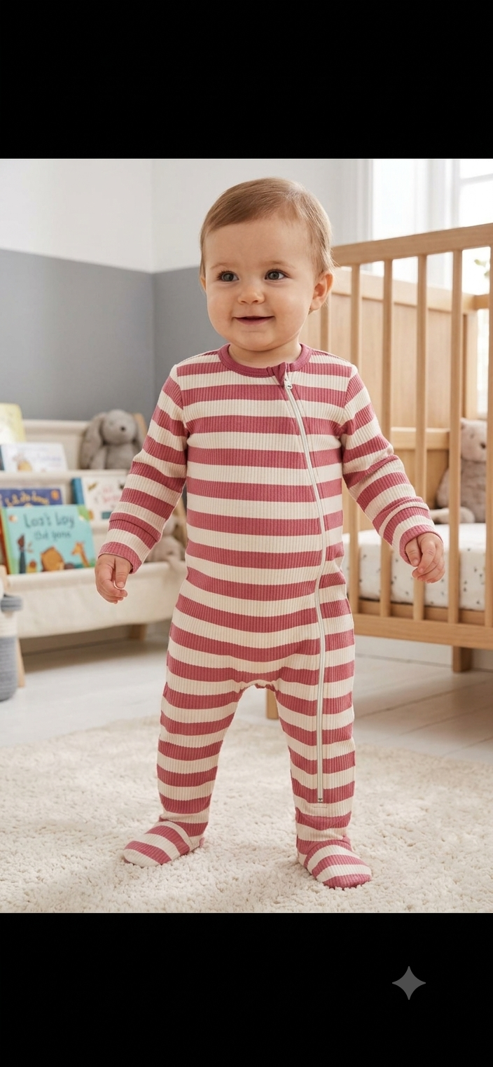 Half white & maroon striped  ( zipper )Baby high quality jumpsuit