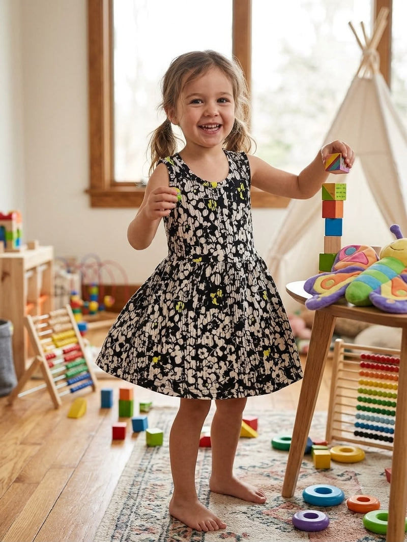 Black with half white flowers-sleeveless frock