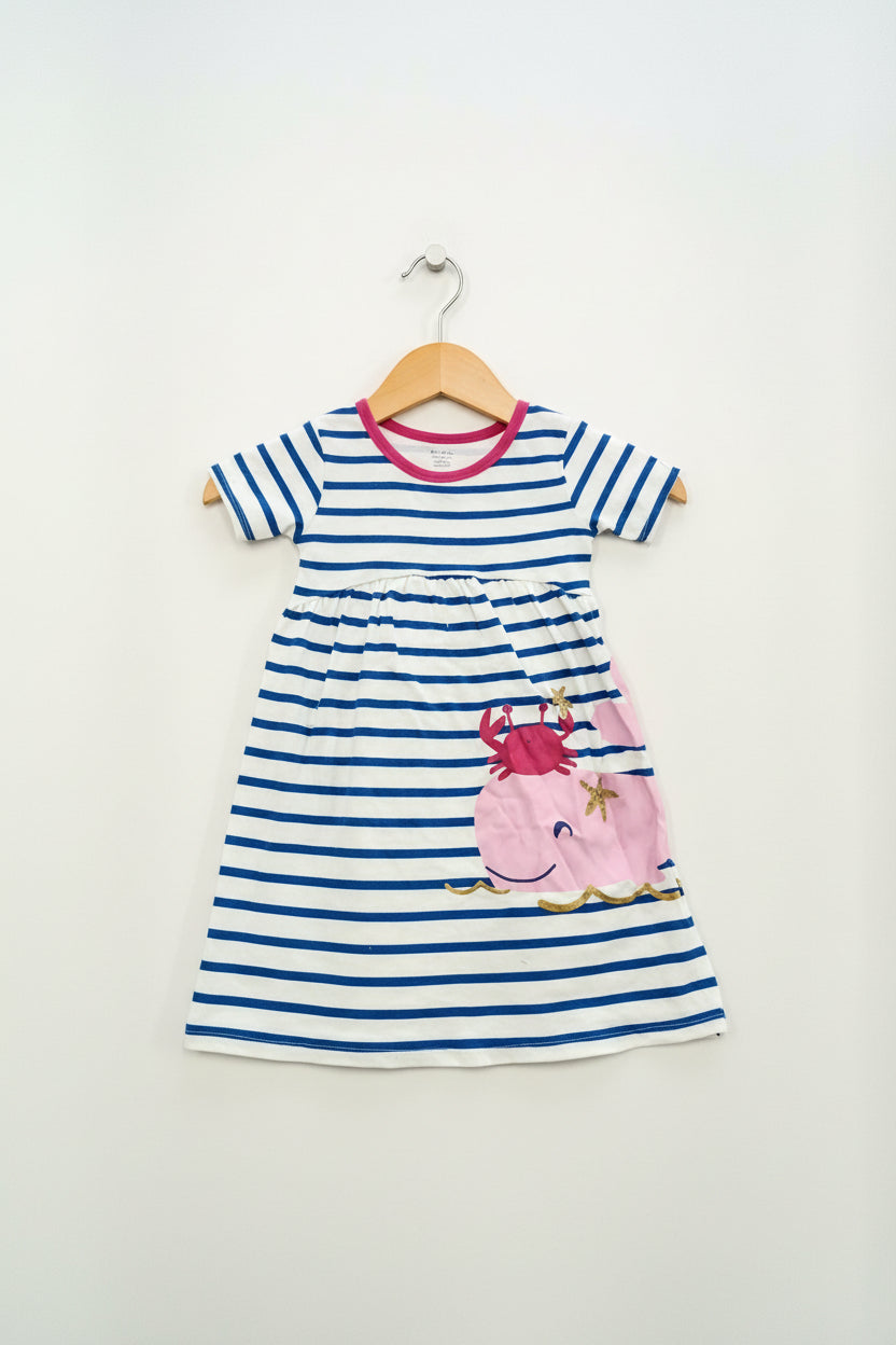 White & blue line crab image- Frock