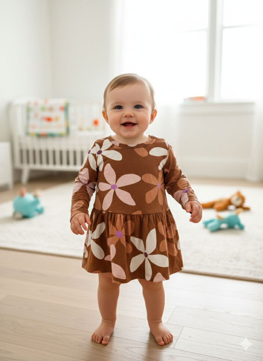 Brown with flowers- full sleeve frock