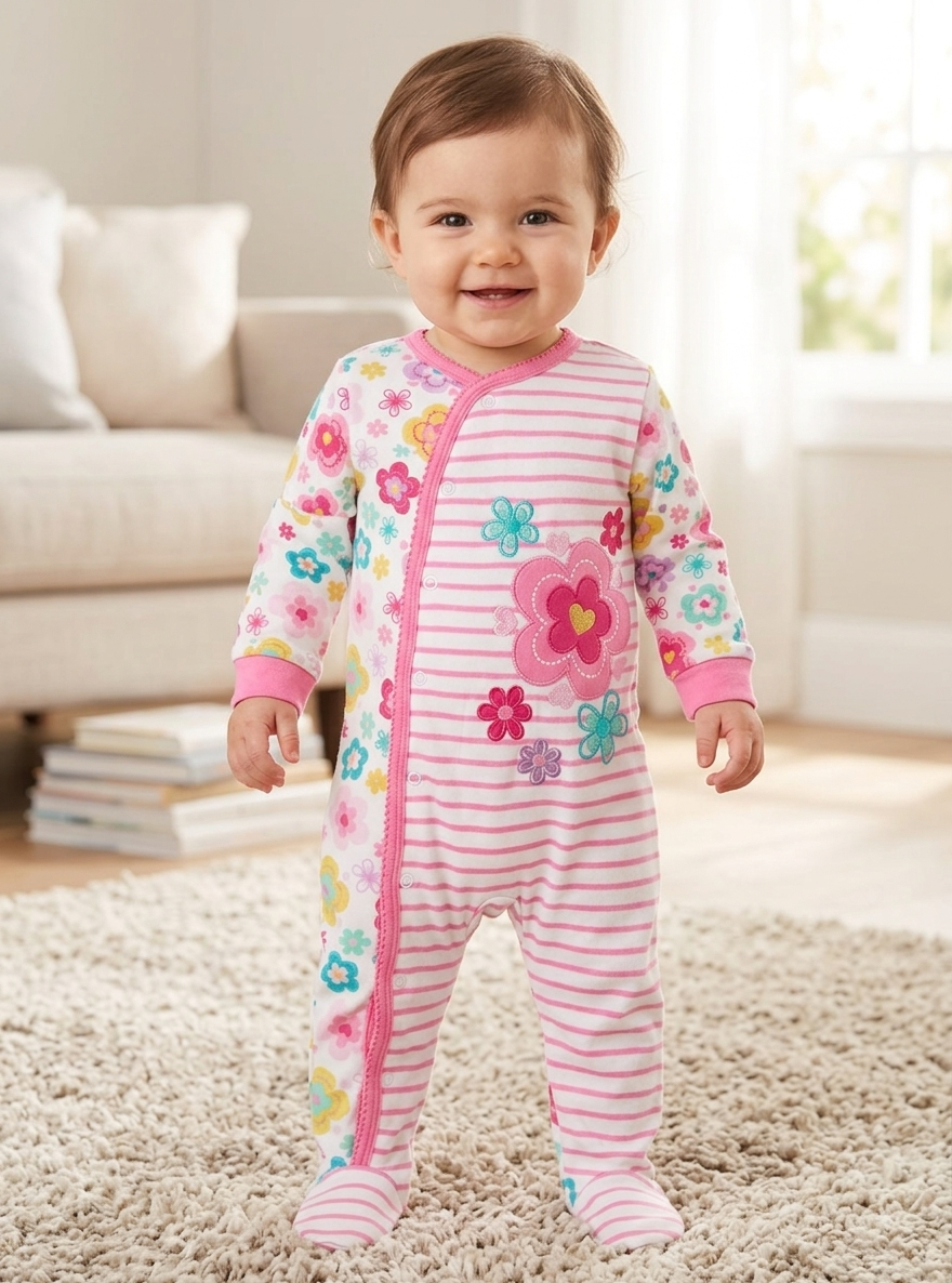 Pink line withMulti colour flower 🌸💐with shoe baby high quality jumpsuit