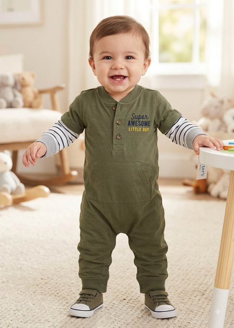 Dark green super awesome little guy (button)-Baby high quality jumpsuit