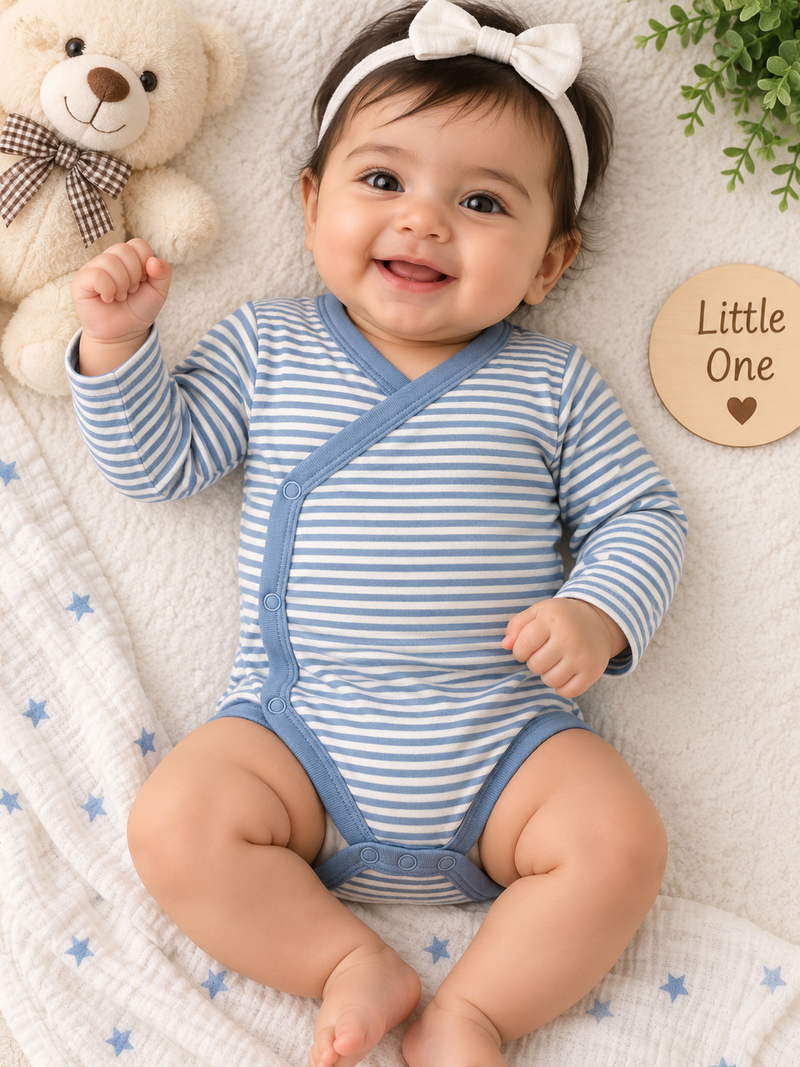 light blue and white striped, with dusty blue edging baby romper