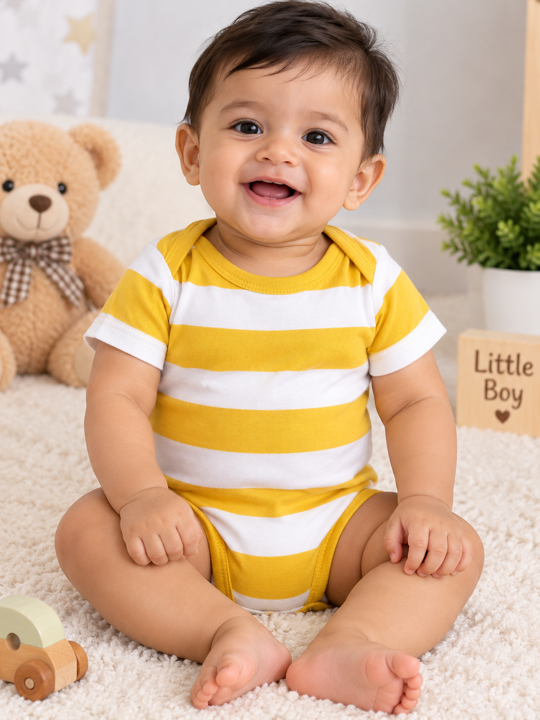 Yellow and white stripes baby romper