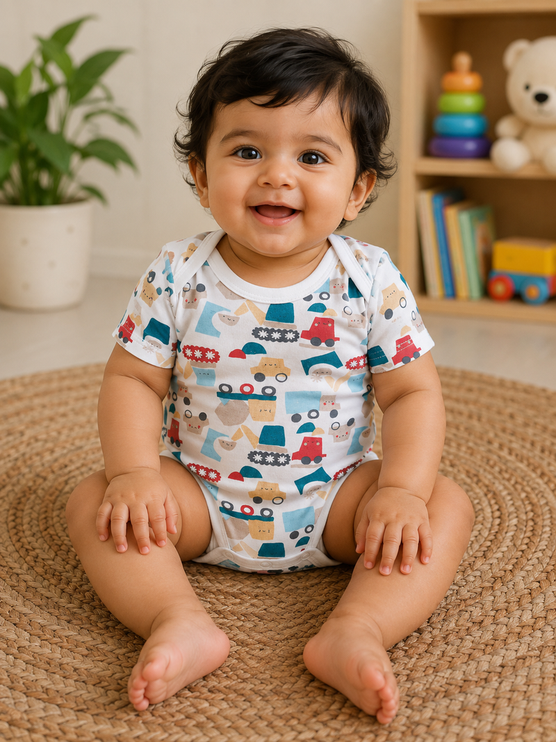 White jcb theme half sleeves Baby romper