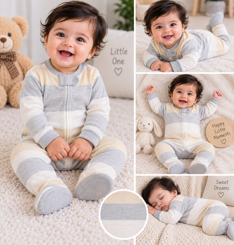 Cream & Grey Cozy Stripe Footed Romper ✨