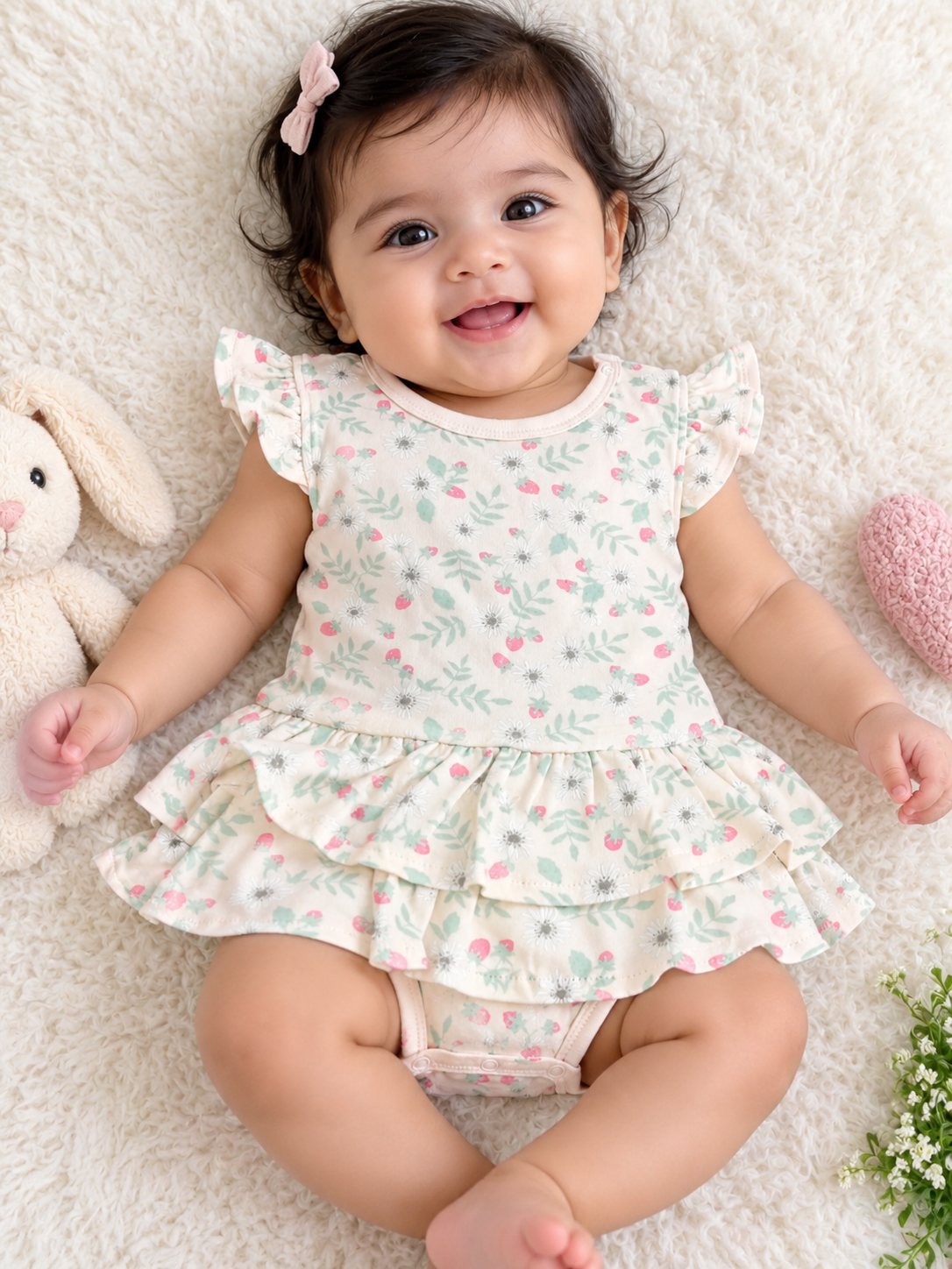 soft pastel floral print in pink, mint green, and light grey baby romper